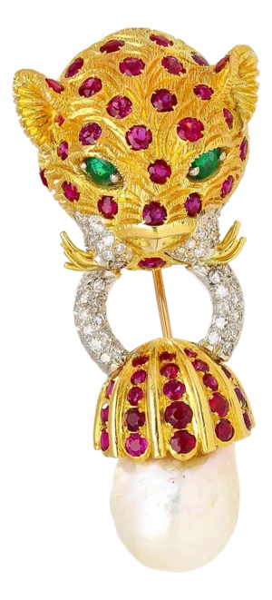 22k Gold Leopard Head Brooch - Emerald, Ruby, Diamond & Baroque Pearl