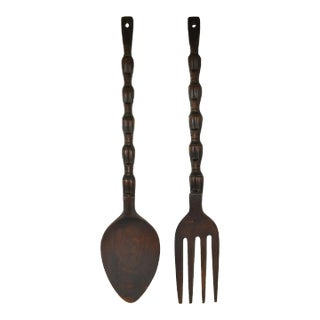 Mid 20th Century Hand Carved Tall Solid Wood Hanging Fork and Spoon Set- 2 Pieces For Sale