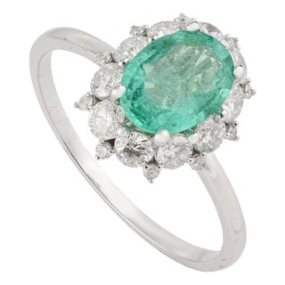 14k Gold Statement Oval Emerald & Diamond Cluster Engagement Ring Size 7 For Sale