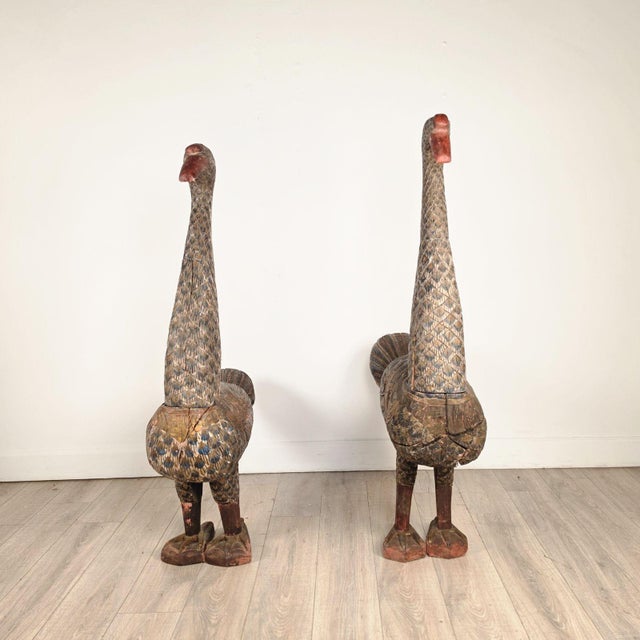 Asian Pair of Thai Carved and Painted Wooden Geese, Circa 1900 For Sale - Image 3 of 13