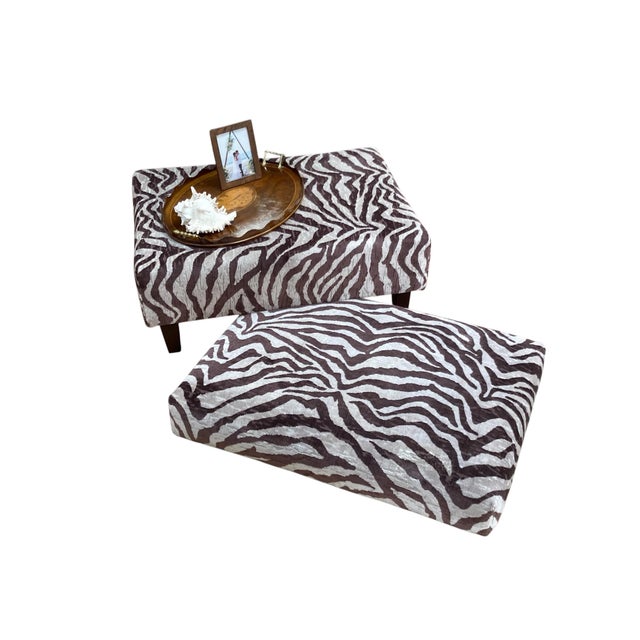 Oversized linen rectangular ottoman in Italian velvet by Clarence House. This custom-made ottoman with hardwood...