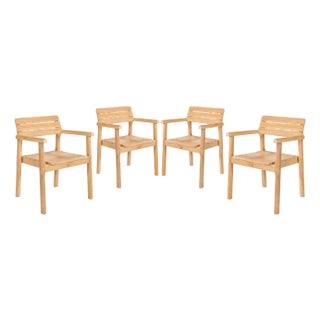 Hi Teak Modern Teak Outdoor Dining Stacking Armchairs - Set of 4 For Sale