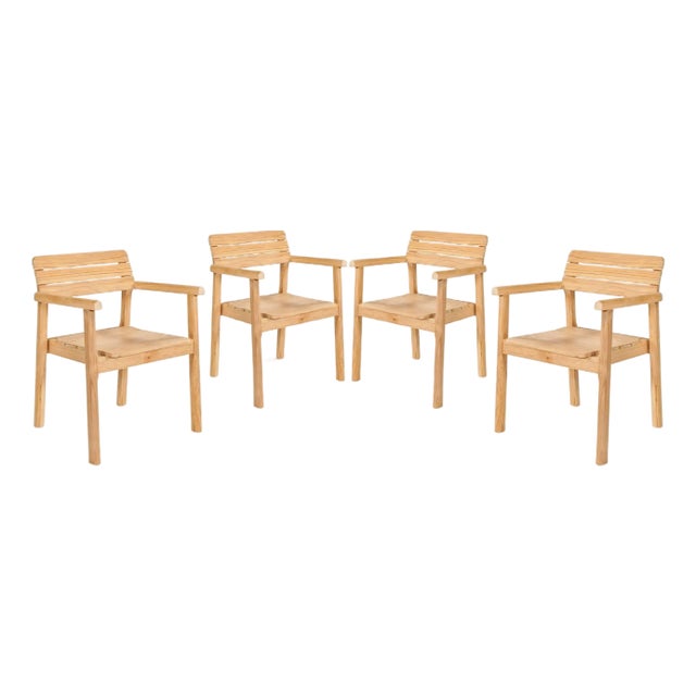 Hi Teak Modern Teak Outdoor Dining Stacking Armchairs - Set of 4 For Sale