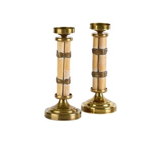 Vintage Bamboo and Brass Candle Holders in the Style of Gabriella Crespi - a Pair For Sale