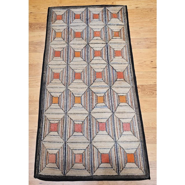 Farmhouse Vintage American Hand Hooked Rug, Wool on Cotton, Allover Geometric Pattern, 28” X 55” For Sale - Image 3 of 10