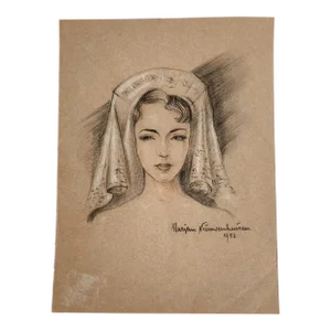 1952 Original Realist Portrait Mixed-Media Portrait Drawing of a Woman Wearing a Veil