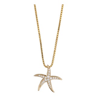 New 0.12ctw Diamond Star Pendant 14k Yellow Gold 17-18" Box Chain For Sale