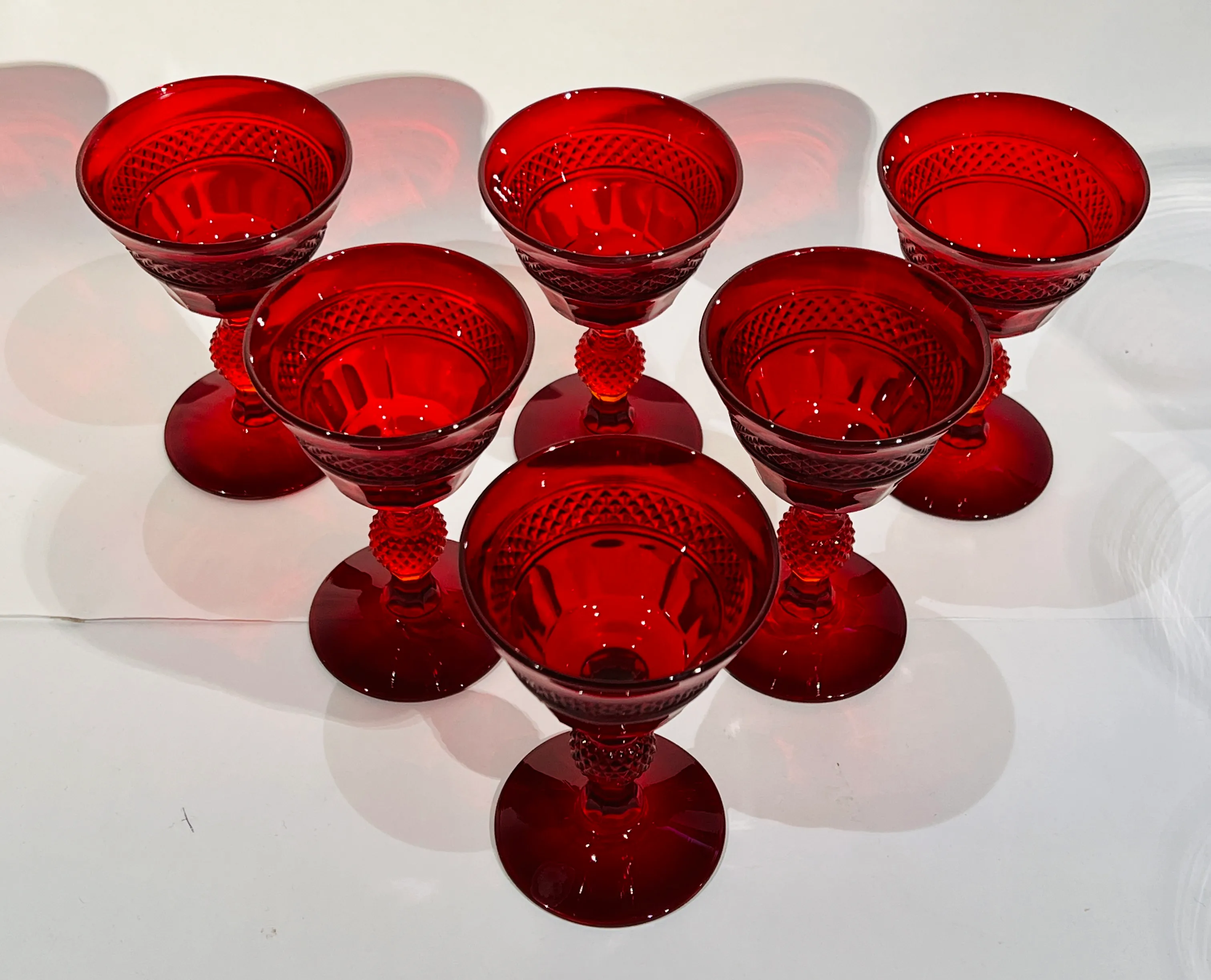 Vintage Set of 6 Viking Mt Vernon Ruby Red Panel Cordial Wine