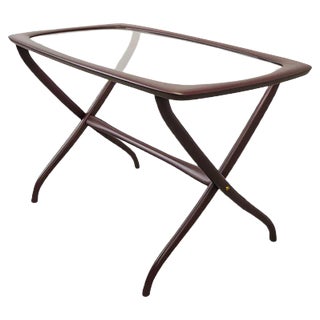 Italian Side Table with Wooden Scissor Frame & Glass Top, 1950s For Sale