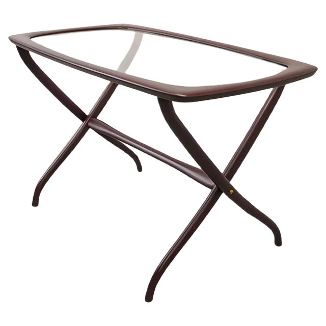 Italian Side Table with Wooden Scissor Frame & Glass Top, 1950s For Sale