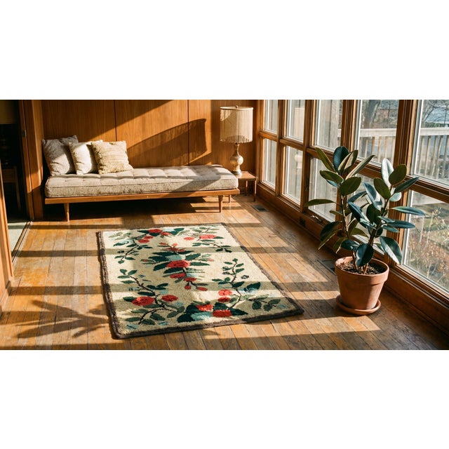 1940s Beige Floral Folk Art Antique American Hooked Rug 2'5" X 4'8" Hand Knotted Wool Carpet For Sale In New York - Image 6 of 8