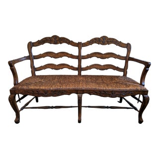 1990s French Country Walnut Settee With Rush Seat For Sale