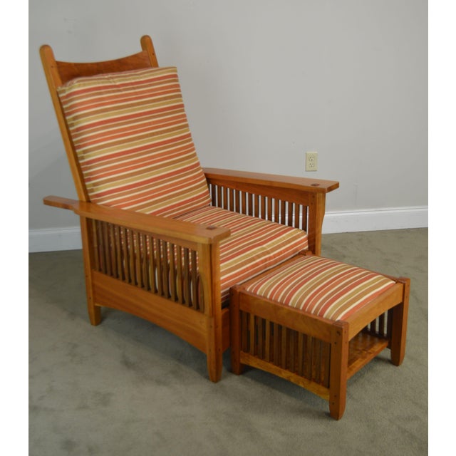 Mission Style Studio Hand Crafted Cherry & Walnut Spindled Morris Chair W/ Foot Stool | Chairish