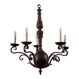 Early 20th Century Spanish Wrought Iron and Wood Light Fixture For Sale