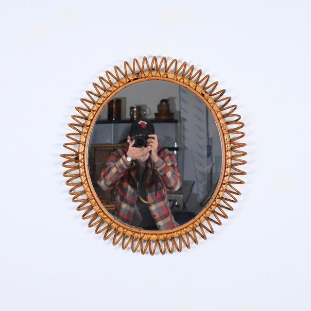 Mid-Century Spring Round Shape Mirror in Rattan, Wicker and Bamboo, Italy, 1960s For Sale - Image 4 of 16