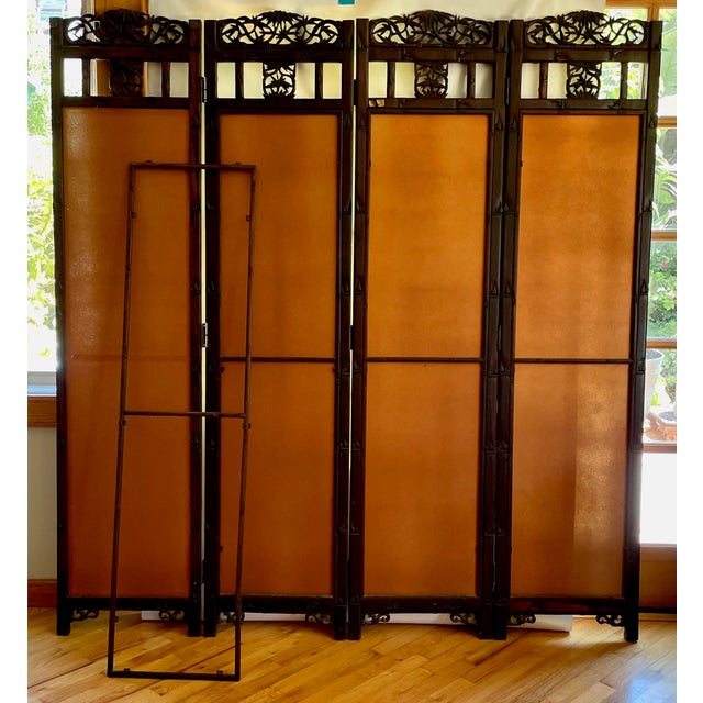 Antique Asian Mirrored Four Panel With Carved Details Folding Screen For Sale - Image 11 of 12