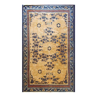 1880s Antique Beige Field Medallion Greek Key Handknotted Chinese Ningxia Rug For Sale
