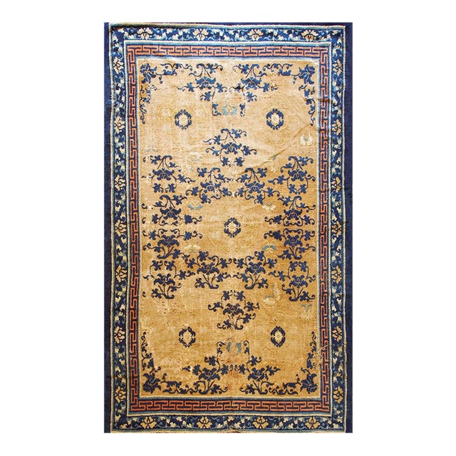 1880s Antique Beige Field Medallion Greek Key Handknotted Chinese Ningxia Rug For Sale