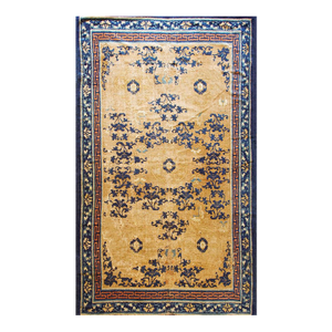 1880s Antique Beige Field Medallion Greek Key Handknotted Chinese Ningxia Rug