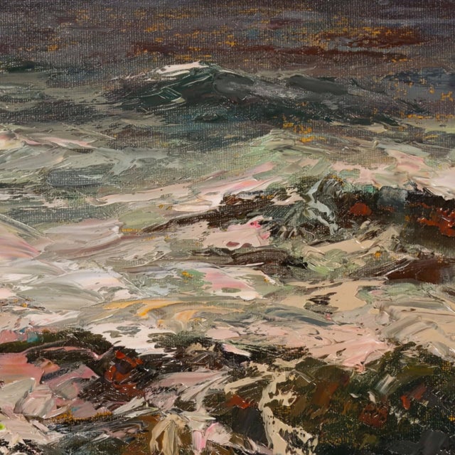 The Point by Sparky LeBold | Oil on canvas Seascape with turbulent waves and a dramatic sky For Sale - Image 4 of 5
