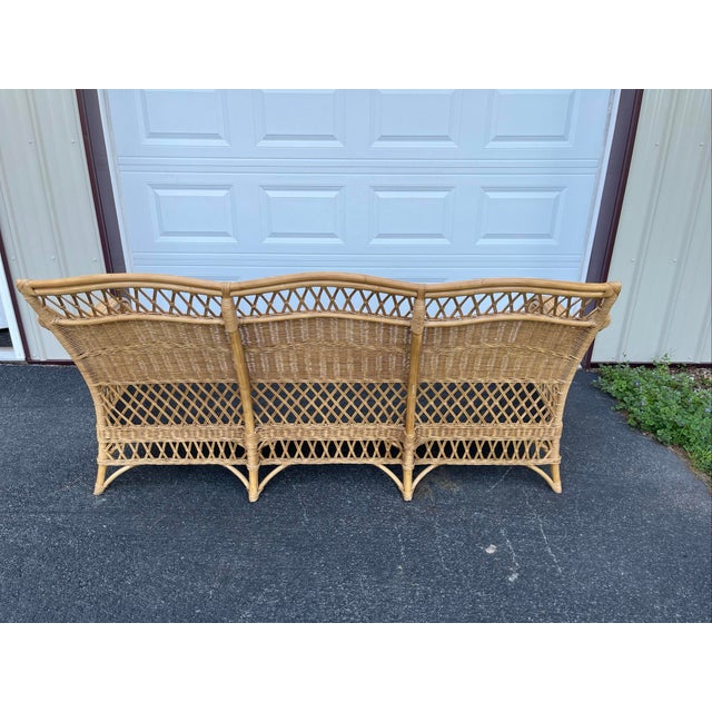 Wood Vintage Henry Link Wicker Rattan Sofa – Scalloped Braided 3-Seater Couch White For Sale - Image 7 of 10