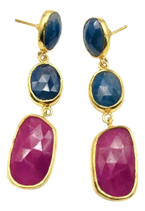 Bochic "Capri" Emerald, Ruby & Multi Rough Cut Sapphire Earrings Set In 18K Gold