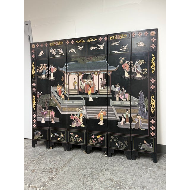 Chinese Chinese Coromandel Imperial Palace Courtyard Scene Six-Panel Screen For Sale - Image 3 of 12