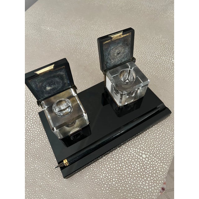 Art Deco Black Glass Ink Well with Brass Accents, Crystal Wells and Dipping Pen For Sale - Image 3 of 12
