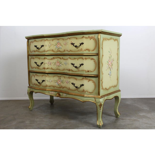 Venetian Baroque Green Lacquered Hand-Painted Floral Three-Drawer Chest, 1950s For Sale - Image 10 of 10