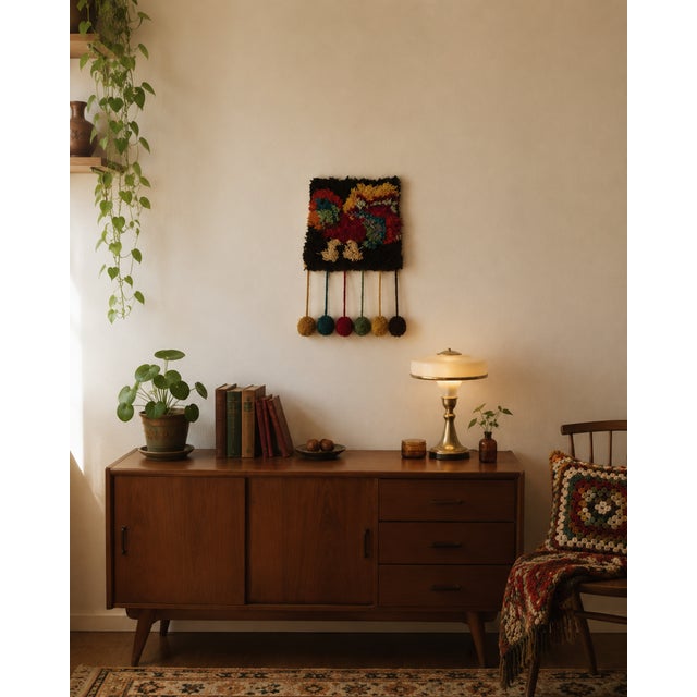 Black Handmade Rya-Style Wool Tapestry with Pom-Poms, 1970s For Sale - Image 8 of 9