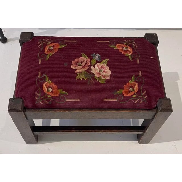 Rustic Antique English Country / Ralph Lauren Style Needlepoint Footstool – Petite Rustic Stool For Sale - Image 3 of 7