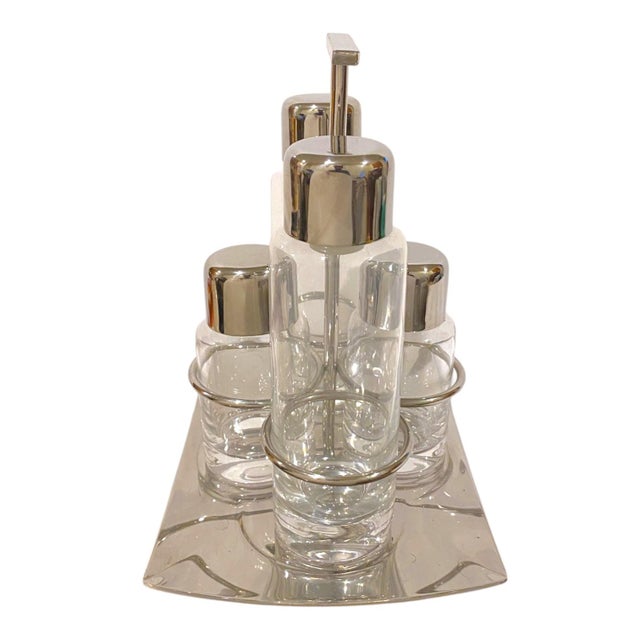Contemporary Sambonet Linea Q Cruet Set Glass Stainless Steel Salt Pepper Oil Vinegar - 5 pcs For Sale - Image 3 of 16