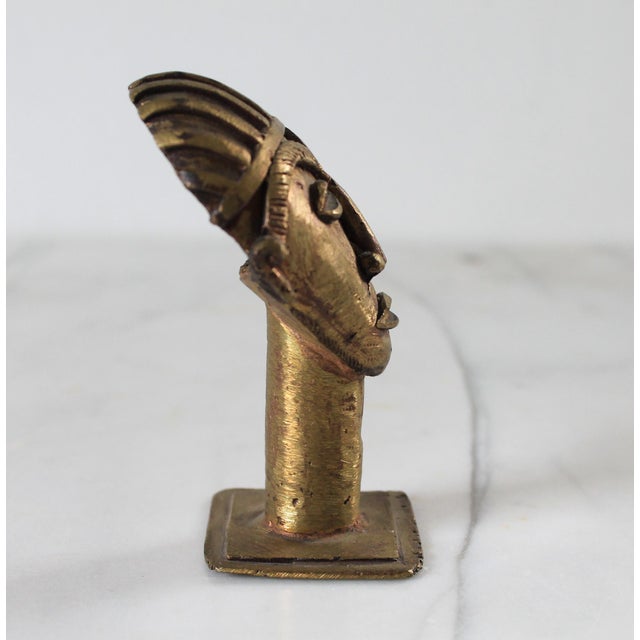 Metal Vintage Ghanaian Brass Mask Head on Pedestal For Sale - Image 7 of 10