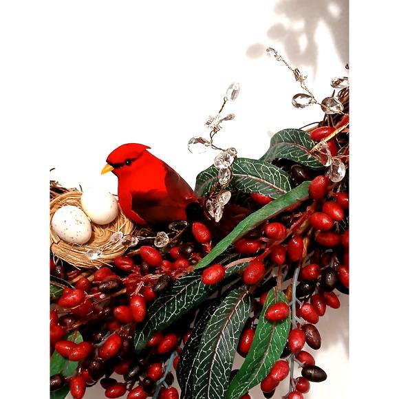 Winter Berries Door Wreath Realistic Red Cardinal‎ Egg Nest Holiday Ice Crystals For Sale - Image 4 of 15