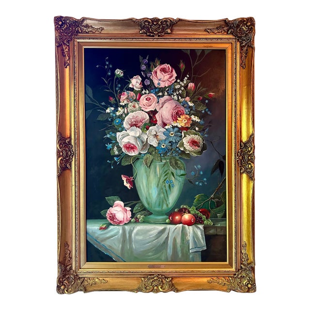 Large Framed Vintage Oil on Canvas Victorian Style Floral Painting For Sale