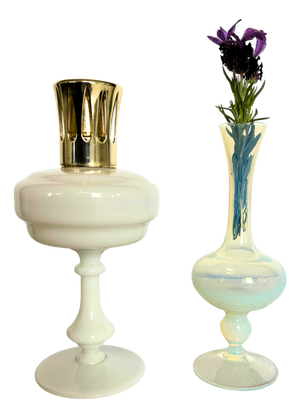 Vintage French White Opaline Lamp from Lampe Berger and Opalescent Soliflore Vase, 1950, Set of 2