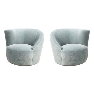 Pair of Powder Blue Mohair Velvet Swiveling "Nautilus" Chairs by Vladimir Kagan For Sale