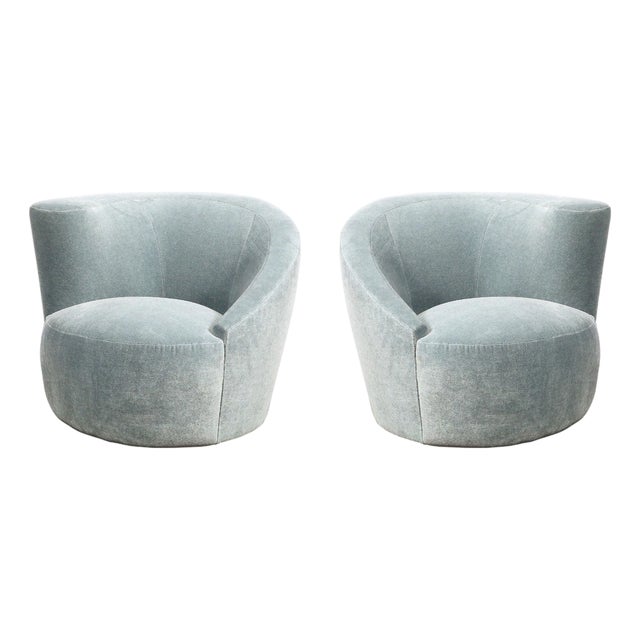 Pair of Powder Blue Mohair Velvet Swiveling "Nautilus" Chairs by Vladimir Kagan For Sale