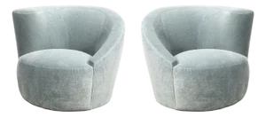 Pair of Powder Blue Mohair Velvet Swiveling "Nautilus" Chairs by Vladimir Kagan
