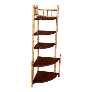 Early 20th Century Scorched English Bamboo Corner Tiered Shelf Etagere For Sale