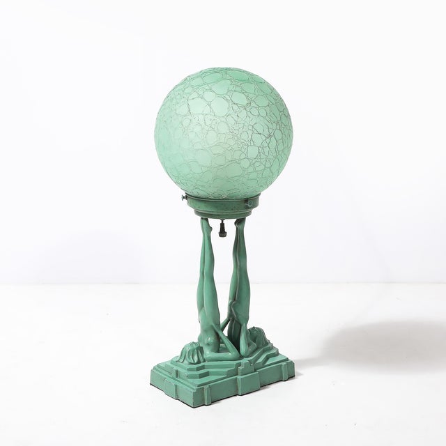 Art Deco Frankarts #L220 Turquoise Figurative Green Craqueleur Glass Table Lamp For Sale In New York - Image 6 of 18
