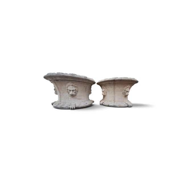 Vintage Neoclassical Cast Stone Lion Head Garden Planters For Sale - Image 4 of 9