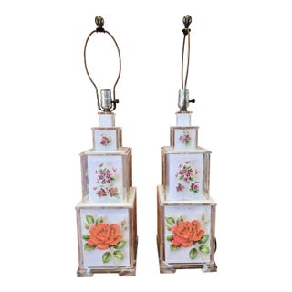 Pair of Tiered Lucite Floral Decal Table Lamps For Sale