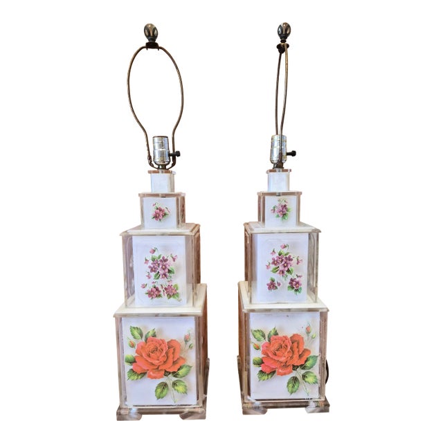 Pair of Tiered Lucite Floral Decal Table Lamps For Sale