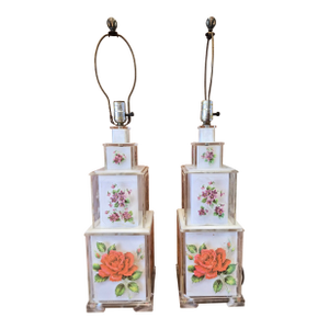 Pair of Tiered Lucite Floral Decal Table Lamps
