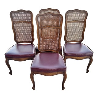 French Provincial Cane Back Dining Chairs W/Leather Seats Set of 4 For Sale