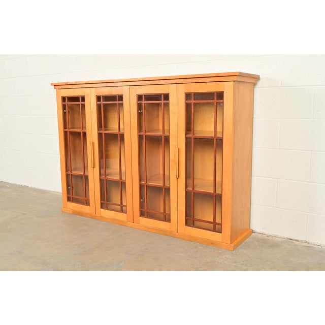 Mission Frank Lloyd Wright Style Mission Arts & Crafts Birch and Cherry Wood Double Bookcase Cabinet For Sale - Image 3 of 13