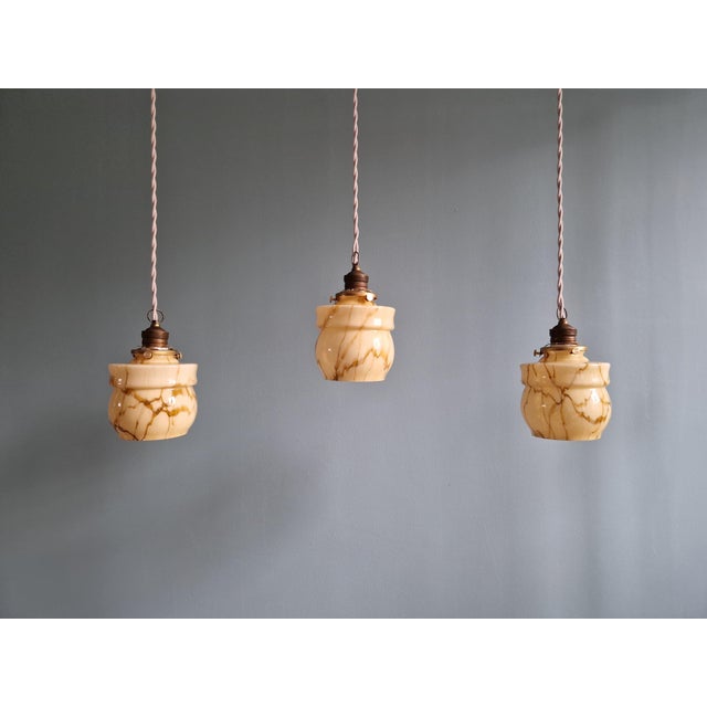 Art Deco Pendant Lights in Opaline and Marbled Uranium Glass from Scailmont, Belgium, 1930s, Set of 3 For Sale - Image 18 of 18