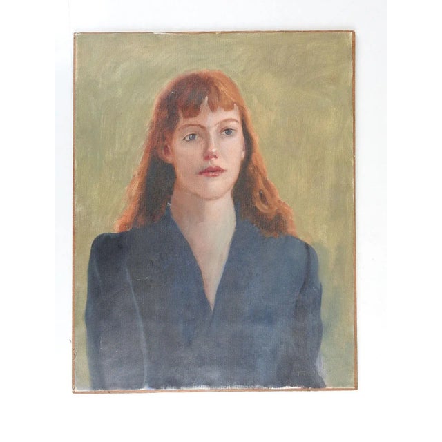 Portraiture Vintage Portrait Painting of Red Haired Woman in Blue Dress For Sale - Image 3 of 5