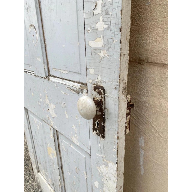 Early 20th Century Antique Architectural Salvage Gray White Distress Painted Wooden Interior Door For Sale - Image 5 of 12